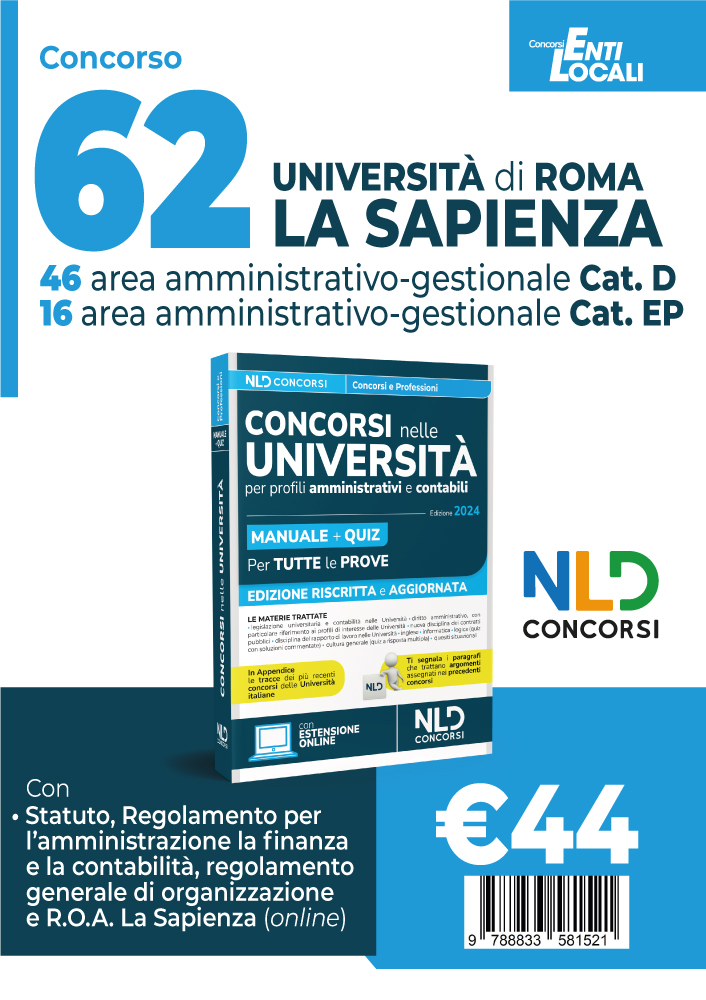  62 posti Università “La Sapienza” di Roma: Concorso area amministrativo-gestionale. Profili D e EP. Manuale + Quiz 2024