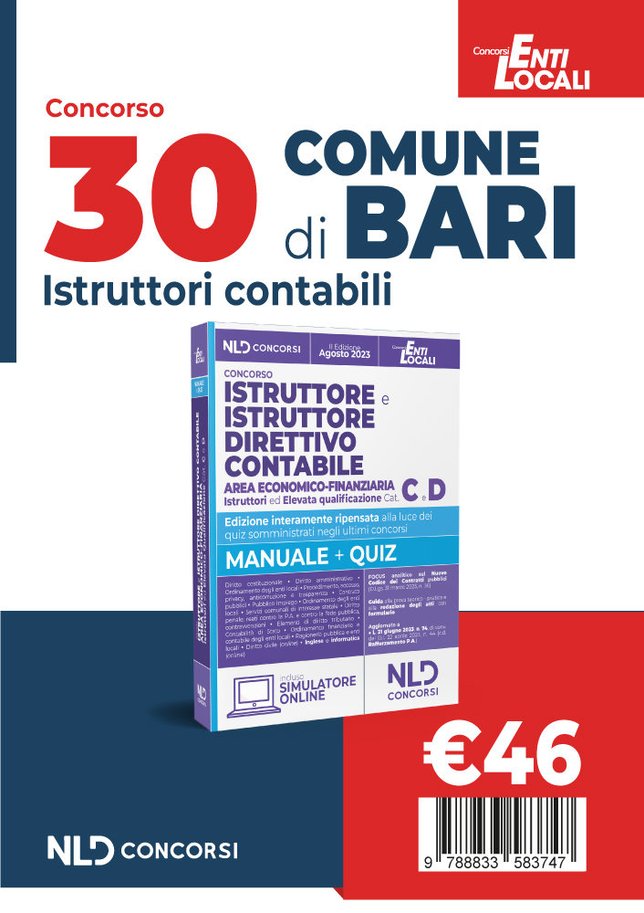Comune di Bari: Concorso per 30 posti Istruttore E Istruttore Direttivo Contabile Area Economico-Finanziaria Negli Enti Locali Cat. C E D